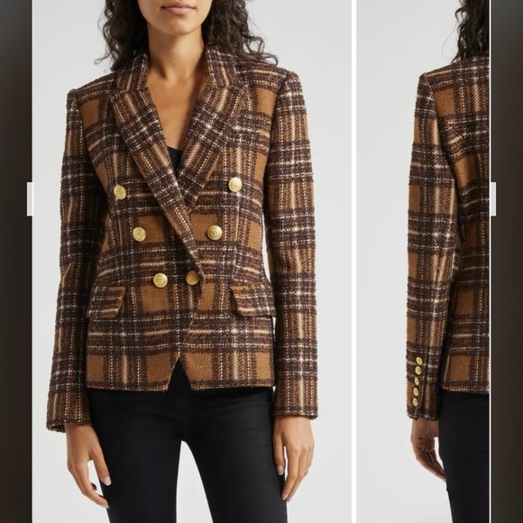 L'AGENCE Kenzie Plaid Tweed Double-Breasted Blazer in Brown / Gold Size 6 - Picture 5 of 15